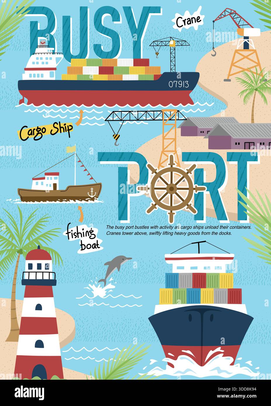 Caricature port occupé avec des navires de charge, des grues et des conteneurs dans une illustration de quai d'expédition Illustration de Vecteur