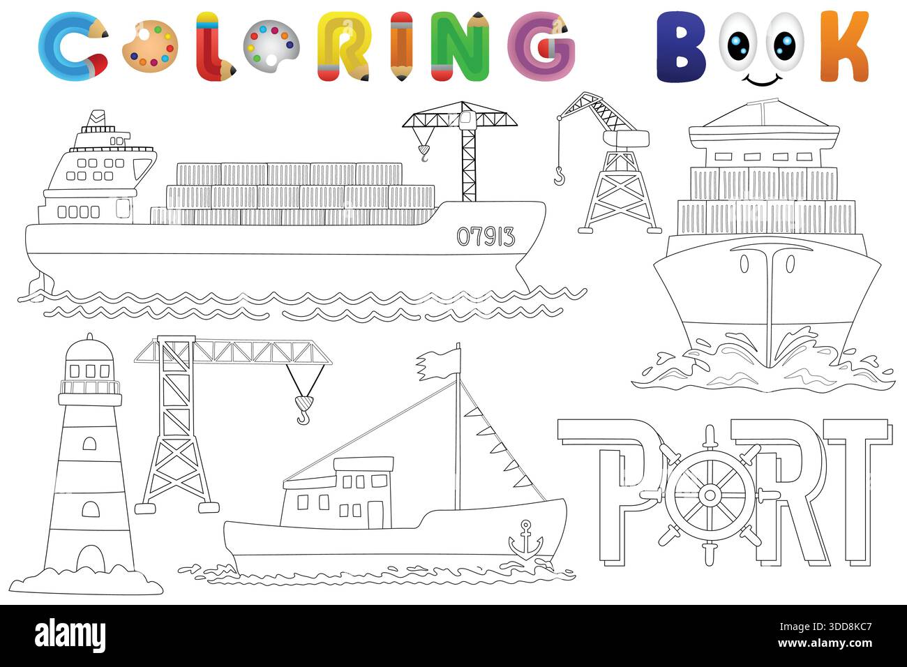Scène du port et des navires en noir et blanc, avec des navires de charge, des grues, un phare, et du texte du port pour la page du livre de coloriage pour enfants Illustration de Vecteur