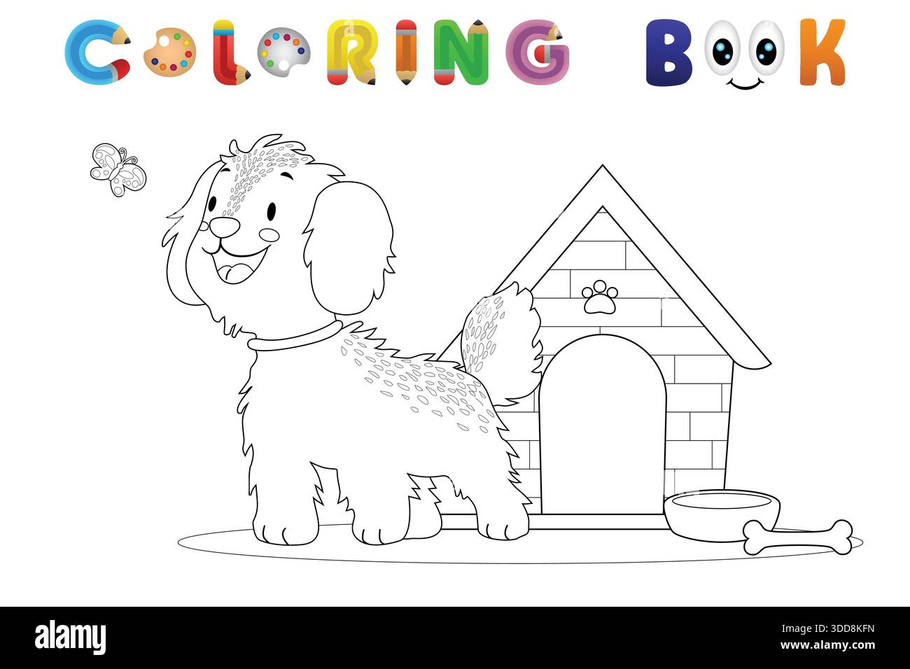 Chien de dessin animé mignon avec Doghouse et papillon, page de livre de coloriage noir et blanc pour les enfants Illustration de Vecteur