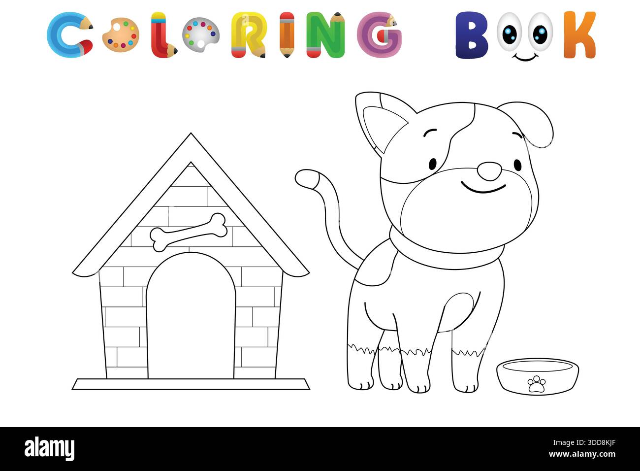 Chiot de dessin animé mignon avec niche et bol de nourriture, page de livre de coloriage noir et blanc pour les enfants Illustration de Vecteur