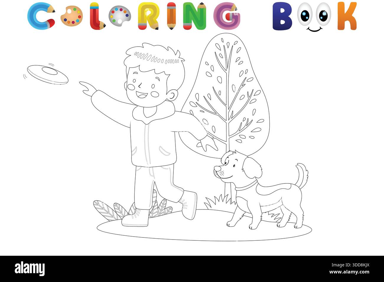 Garçon de dessin animé jetant Frisbee pour son chien dans le parc, page de livre de coloriage noir et blanc pour les enfants Illustration de Vecteur