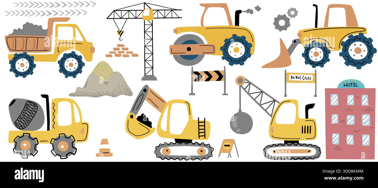 Illustration colorée de dessin animé de la scène de chantier de construction avec des véhicules lourds, le bâtiment et l'équipement Illustration de Vecteur