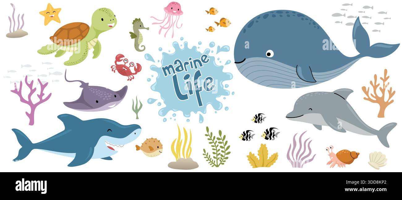 Illustration de bande dessinée d'animaux marins, y compris baleine, dauphin, tortue, requin, hippocampe, méduses, crabes et éléments de récifs coralliens Illustration de Vecteur