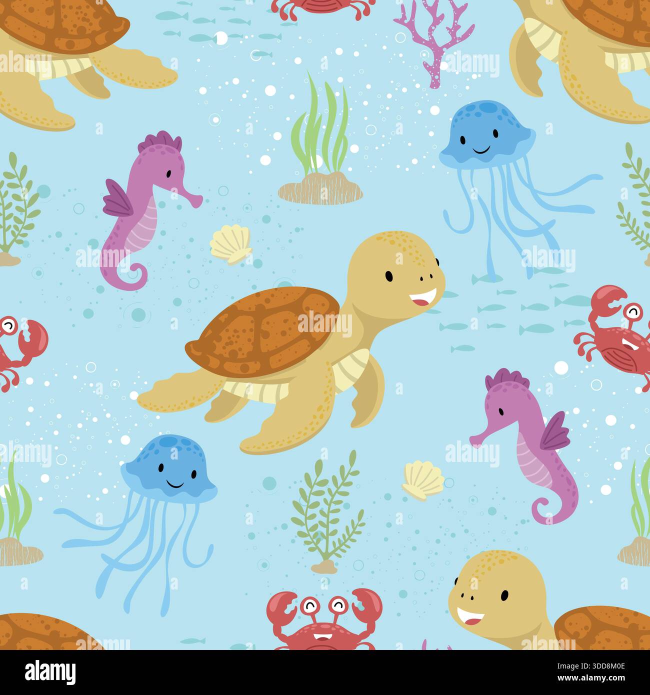 Dessin animé modèle sans couture sous-marin avec tortue de mer, méduse, hippocampe, crabe et corail sur fond bleu Illustration de Vecteur