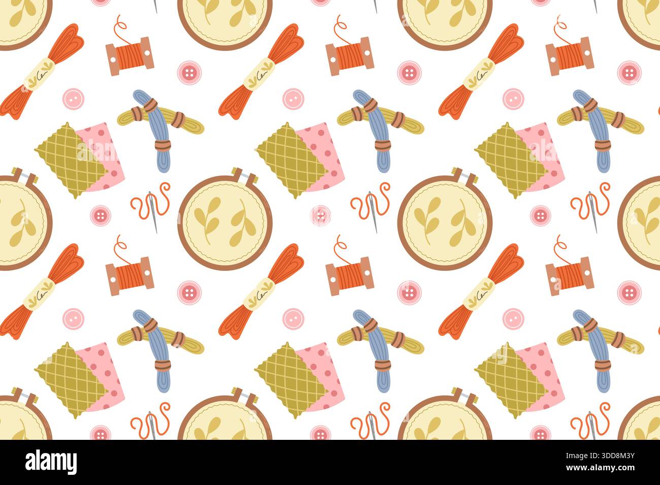 Modèle sans couture avec un kit de couture, une collection d'outils de couture plats dessinés à la main et d'accessoires. Cerceaux et fils de broderie. Pour l'artisanat Illustration de Vecteur