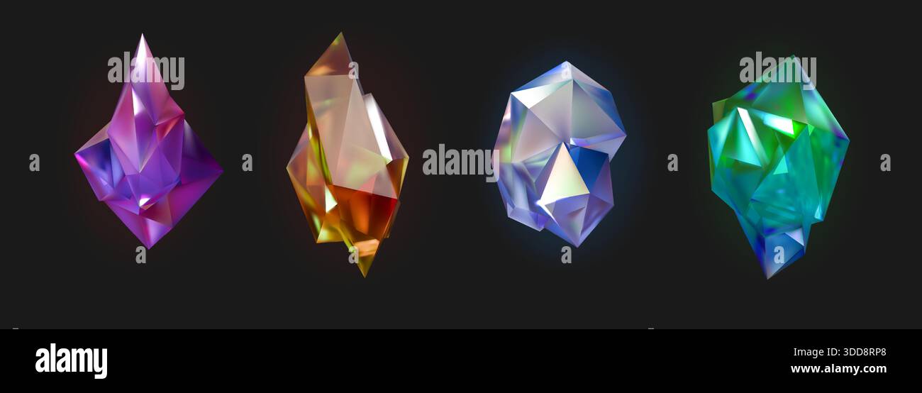 Jeu de prismes en cristal. lumière de diamant 3d, forme arc-en-ciel de couleur ou réflexion graphique en verre. Texture géométrique holographique. Topaze, aigue-marine et bijoux ambre. La conception de pierres précieuses vectorielles a isolé des éléments réalistes Illustration de Vecteur