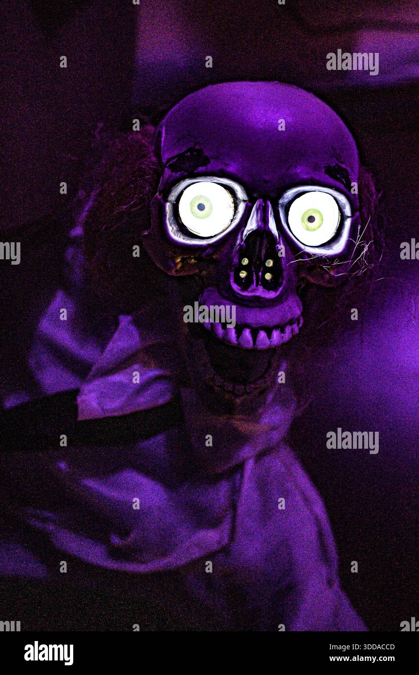 Un squelette effrayant avec des yeux brillants dans un éclairage violet dans une salle d'évasion, basse-Saxe, Allemagne Banque D'Images