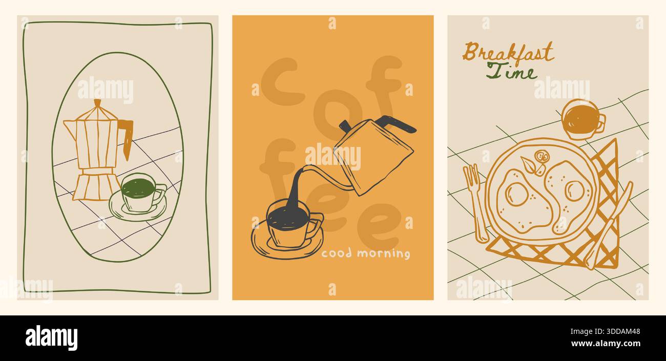 Café petit déjeuner doodle affiches dans le style croquis de crayon - pot de moka avec tasse sur la table, versant dans la tasse pour bonjour, œufs frits et expresso. Set d'icône de café pour la décoration d'art mural de menu ou de cuisine. Illustration de Vecteur