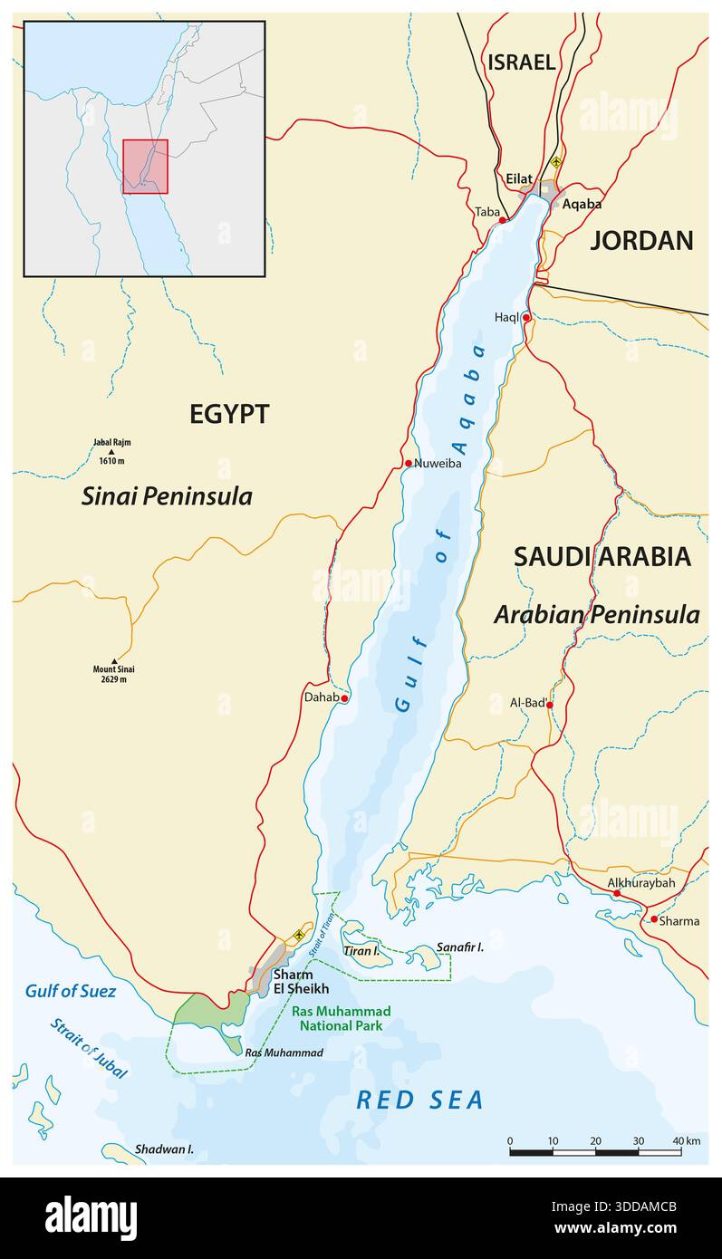Carte du golfe d'Aqaba, mer Rouge Banque D'Images