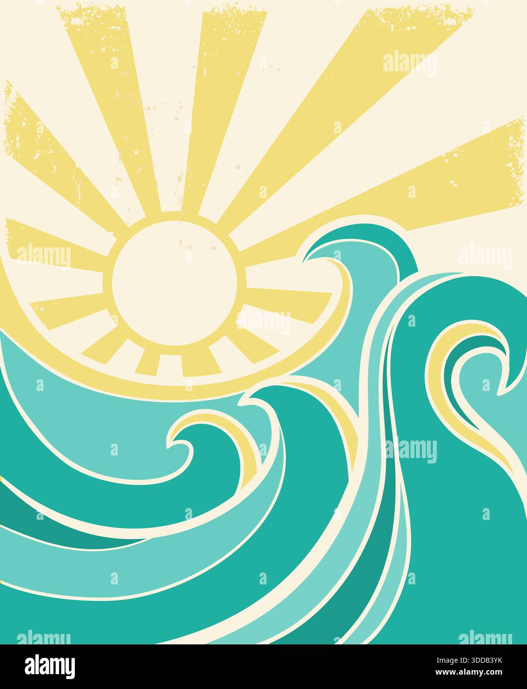 Affiche vintage des vagues de mer sur fond de texture de vieux papier pour l'impression ou la conception. Vecteur de contour de paysage marin abstrait grandes vagues bleues et soleil Illustration de Vecteur