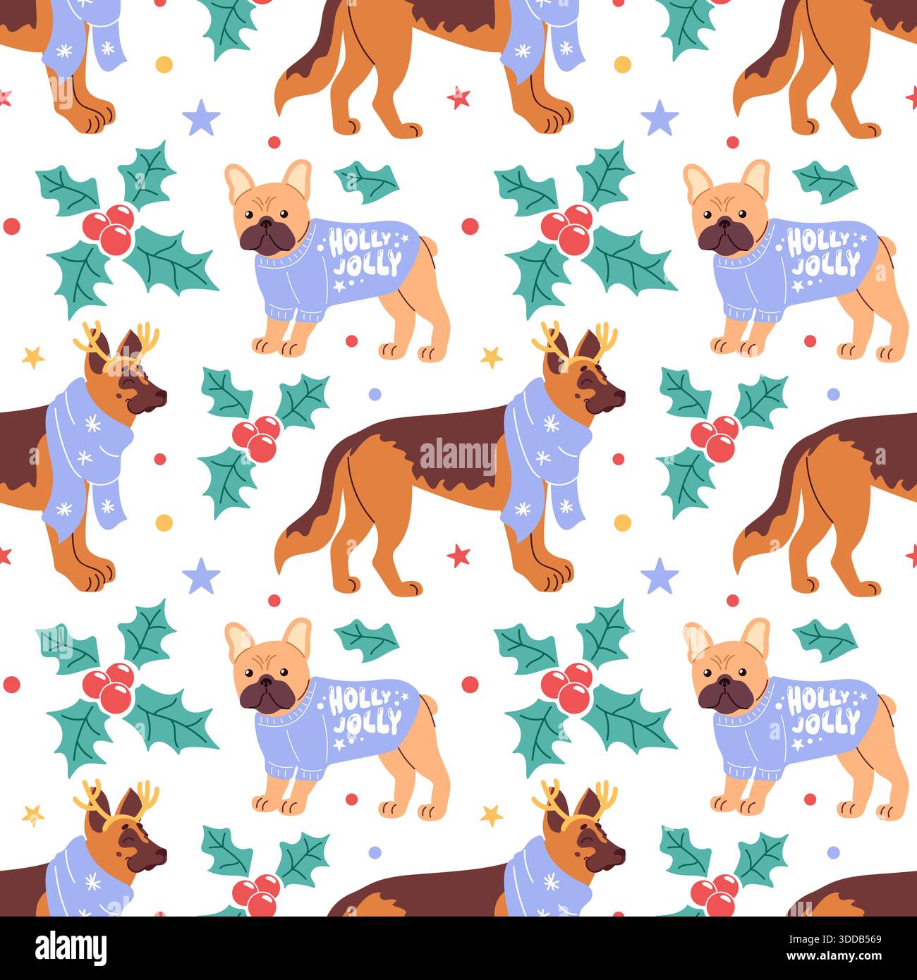 Motif de chien sans couture dans les chandails et les écharpes de Noël, houx. Chien de berger et bouledogue français. pose ludique, couleurs plates audacieuses, lignes vectorielles épurées Illustration de Vecteur