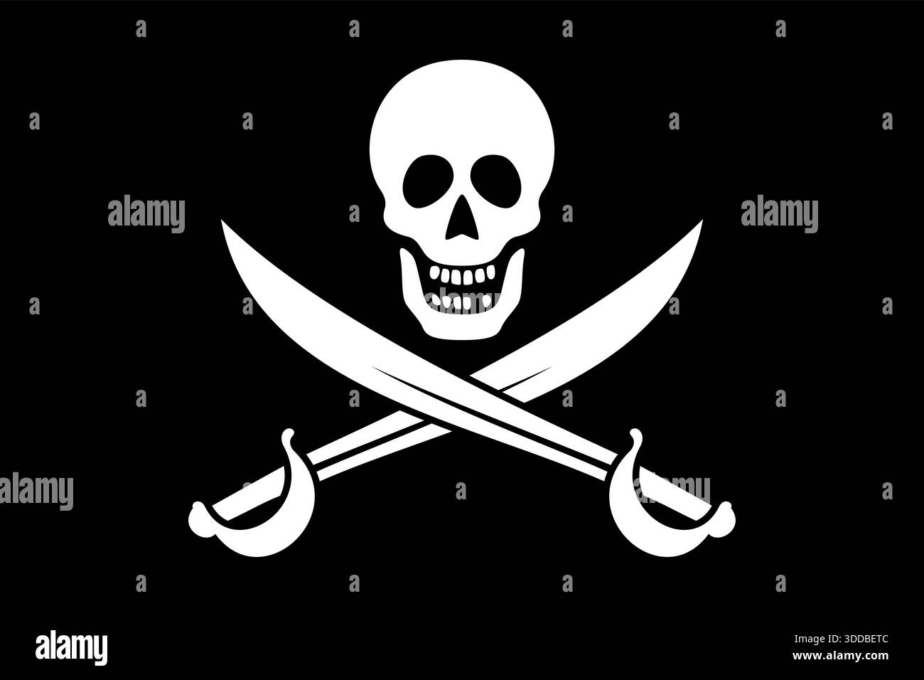 Épées croisées Jolly Roger, un drapeau pirate avec crâne et sabres croisés sur fond noir. Embarquement cutlass, l'arme principale d'un pirate typique. Banque D'Images