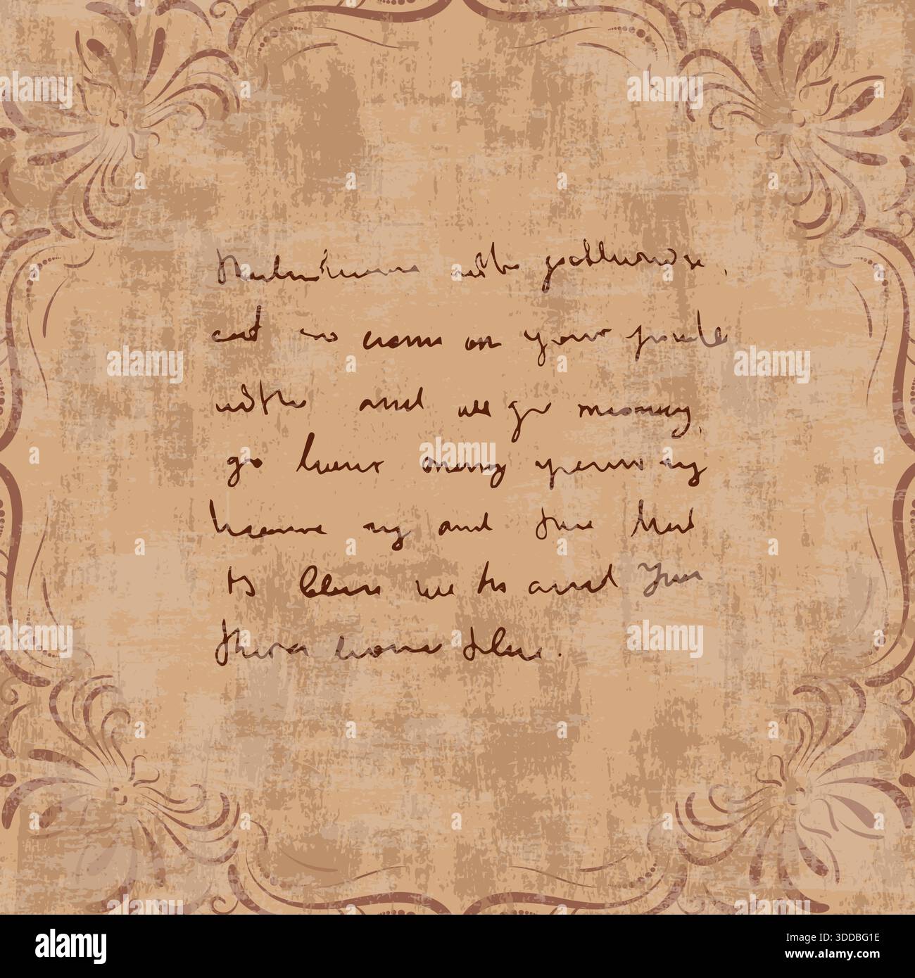 Papier texturé brun vintage antique avec poème illisible écrit à la main, manuscrit cursif en désordre illisible dessiné à la main Note, texte, page de journal ou Poe Illustration de Vecteur