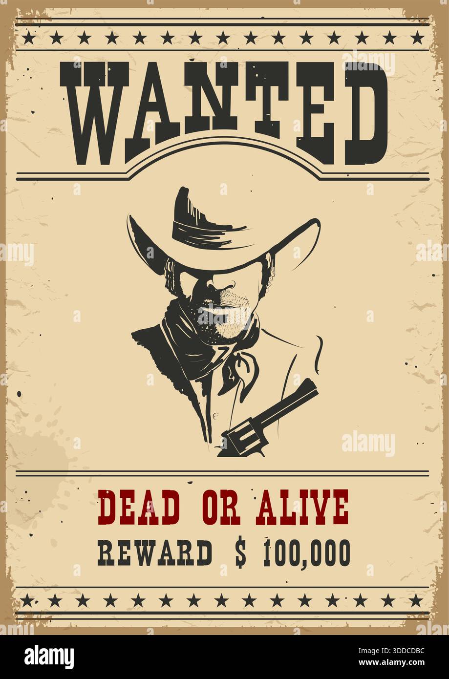 Illustration occidentale de vecteur d'affiche recherché pour la conception. Style sauvage de l'ouest américain pour le portrait de cow-boy ou la fête de cow-boy Illustration de Vecteur