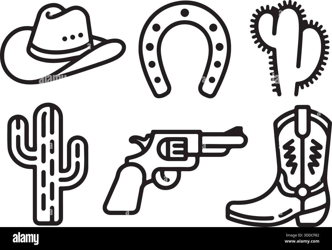 Symbole d'icônes d'art de ligne de l'ouest sauvage avec chapeau de cow-boy, fer à cheval, cactus, revolver, et illustration vectorielle de botte Illustration de Vecteur