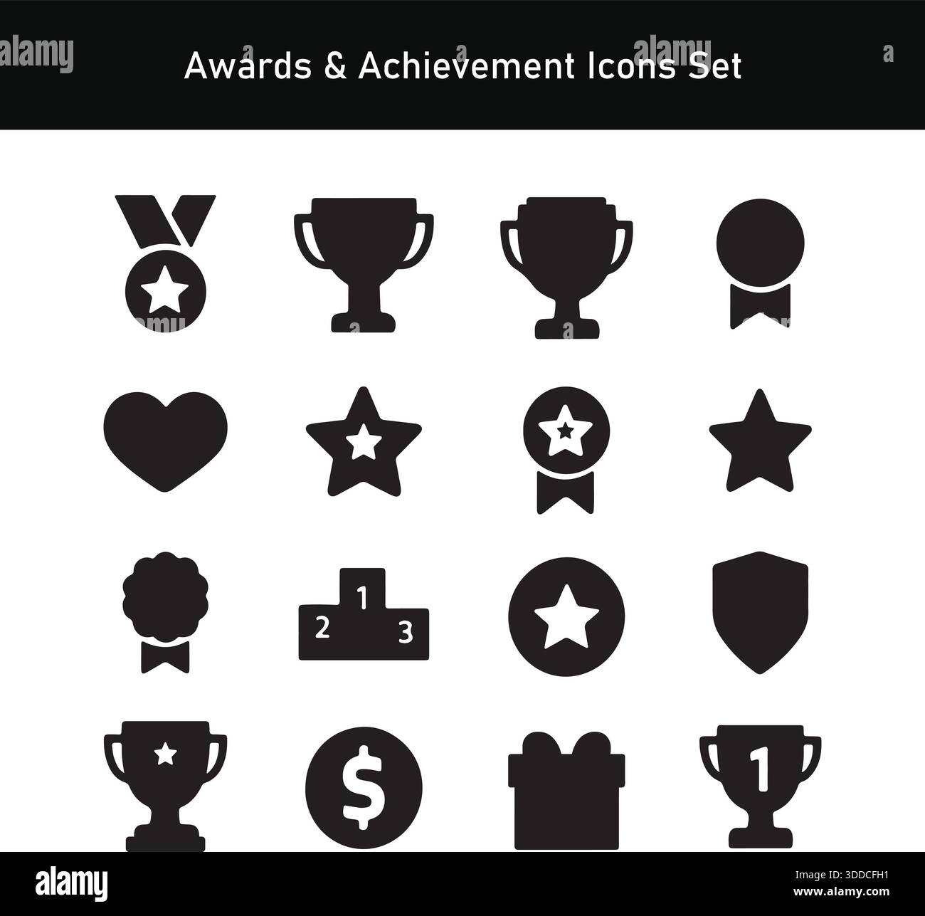 Trophées et réalisations Icons Set Trophy, Médaille, Star silhouettes Vector Illustration de Vecteur