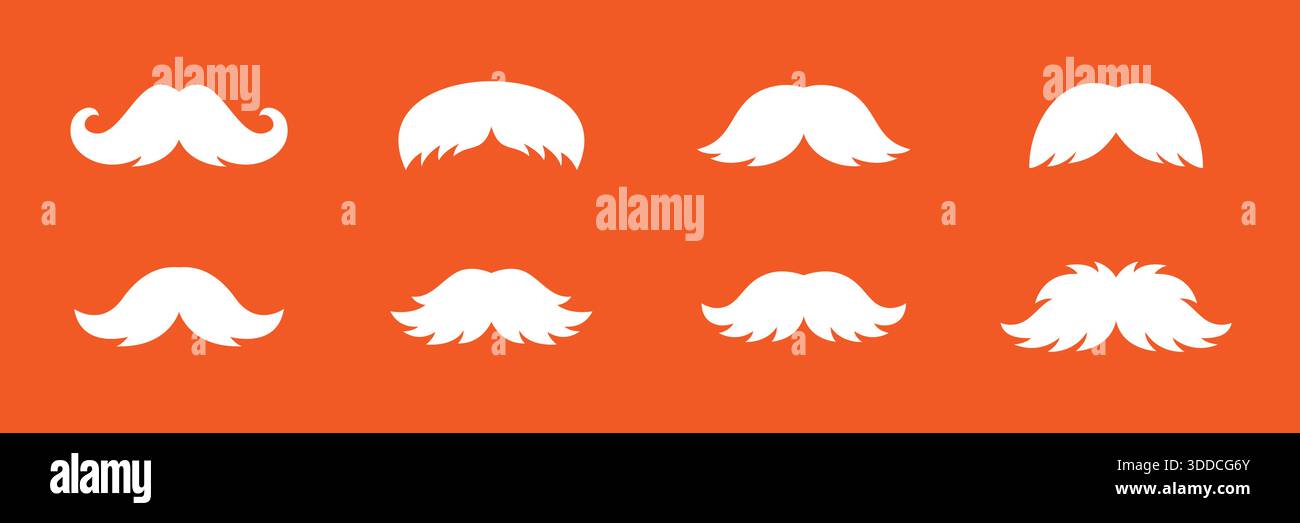 Silhouettes de moustache blanche sur fond orange. Collection de moustaches vectorielles rétro pour logos de barbershop, graphiques hipster et accessoires de fête. Illustration de Vecteur