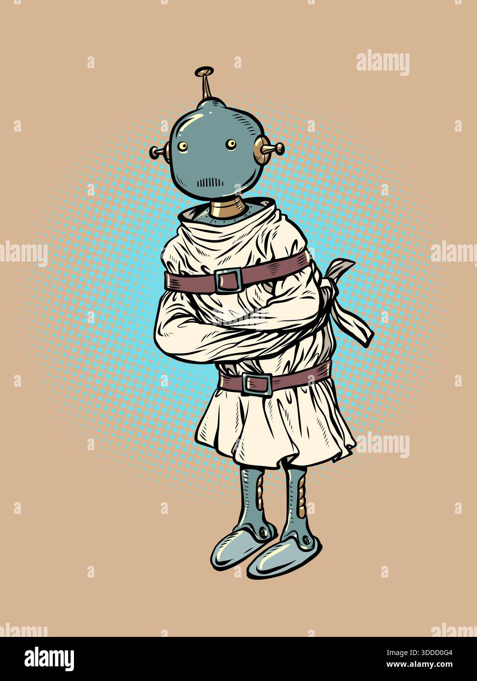 Un robot dans une camisole de force. L'intelligence artificielle devient folle. L'IA est émotionnellement instable. Bande dessinée pop art rétro illustration vectorielle main dr. Illustration de Vecteur