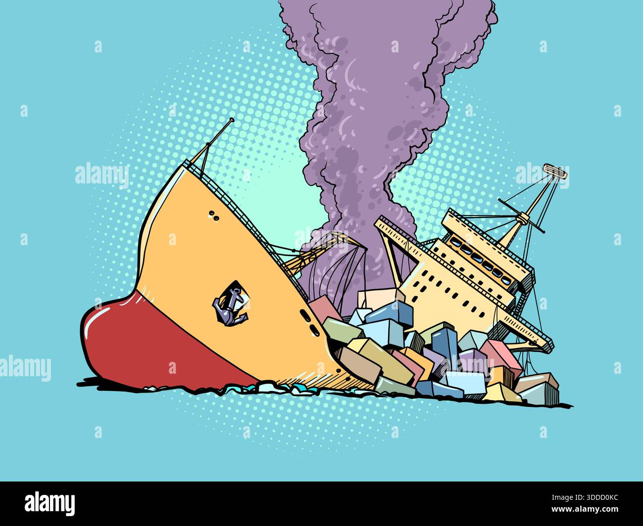 Naufrage d'un cargo. Un vaisseau brisé et détruit. Problèmes économiques de logistique. Dessin à la main de dessin animé pop art rétro illustration vectorielle Illustration de Vecteur