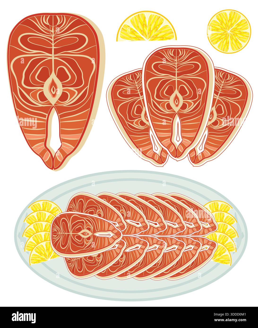 Steaks de saumon.Vector poissons rouges isolés sur blanc Illustration de Vecteur
