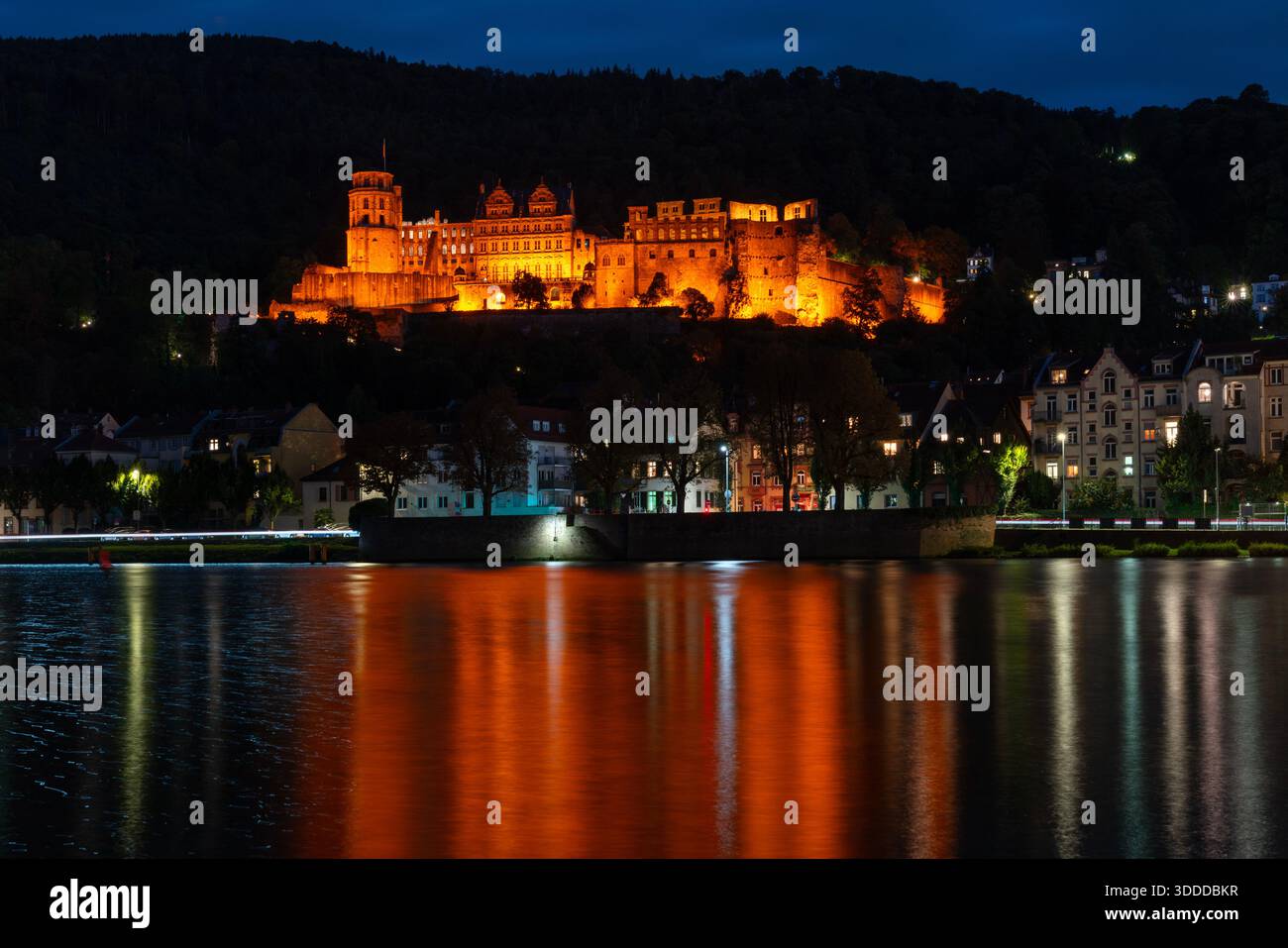 Château de Heidelberg rivière Neckar à la nuit. Château de Heidelberg reflété dans la rivière Neckar la nuit. Heidelberg, Allemagne. Banque D'Images
