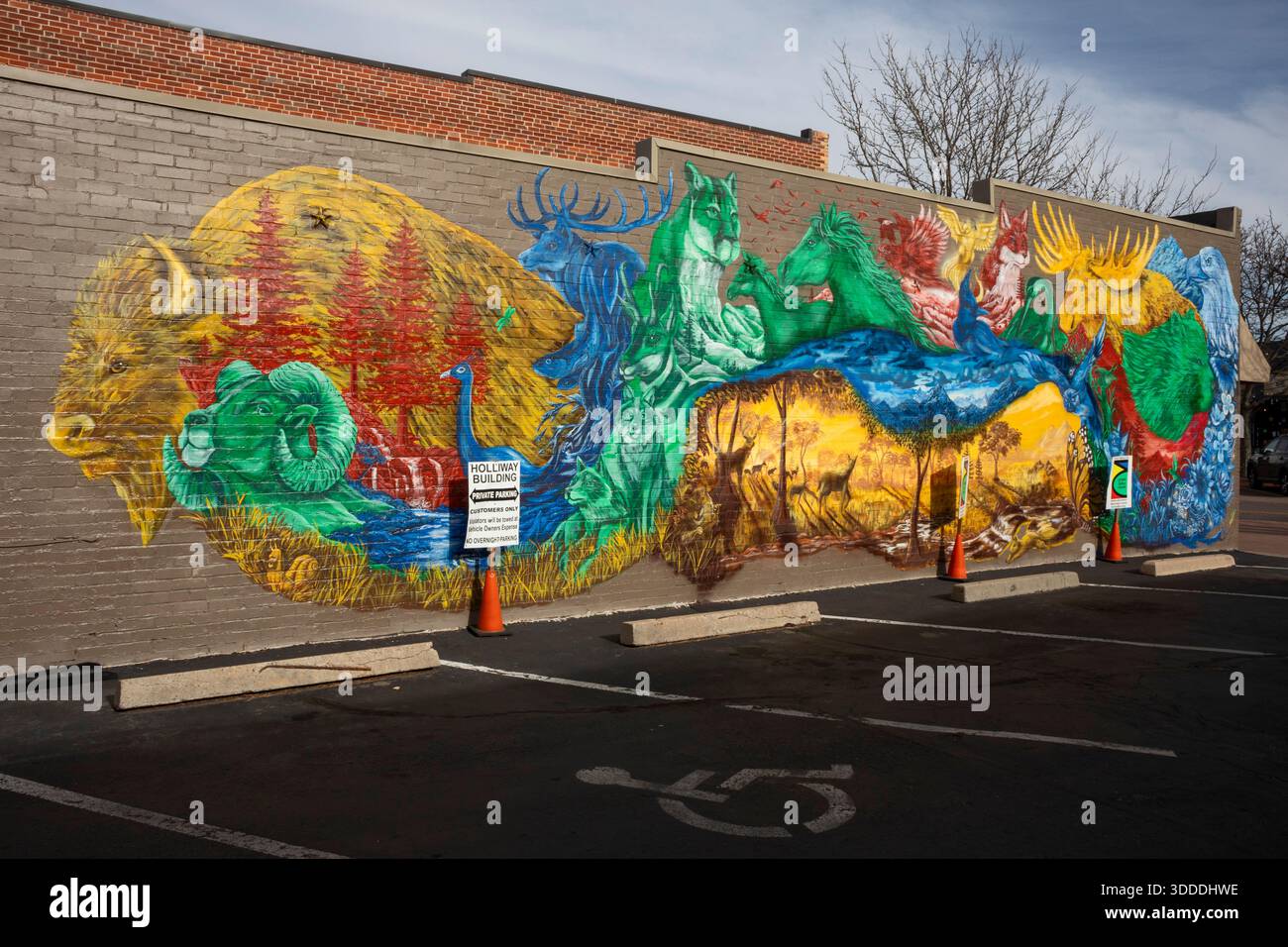 Arvada, Colorado - Une murale montrant la faune du Colorado sur le Holliway Building dans la vieille ville d'Arvada. Banque D'Images