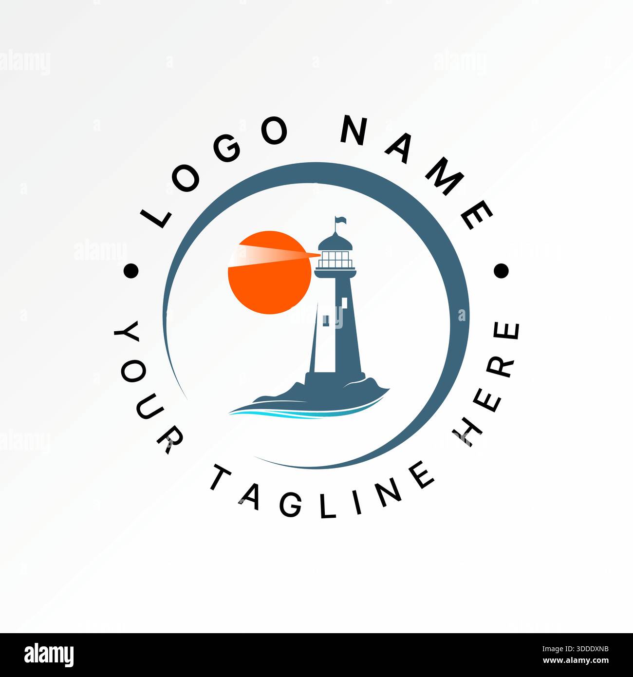 Phare sur les roches de corail coucher de soleil nuit côte repère maritime guidage tour logo conception graphique concept graphique créatif premium vecteur image stock top vente Illustration de Vecteur
