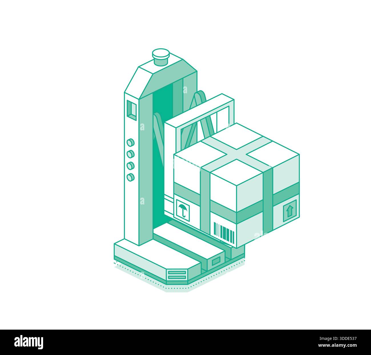 Caisse de chargement robotique de levage de chariot élévateur à fourche à contour isométrique. Concept automatisé d'entrepôt et de logistique. Illustration vectorielle. Illustration de Vecteur