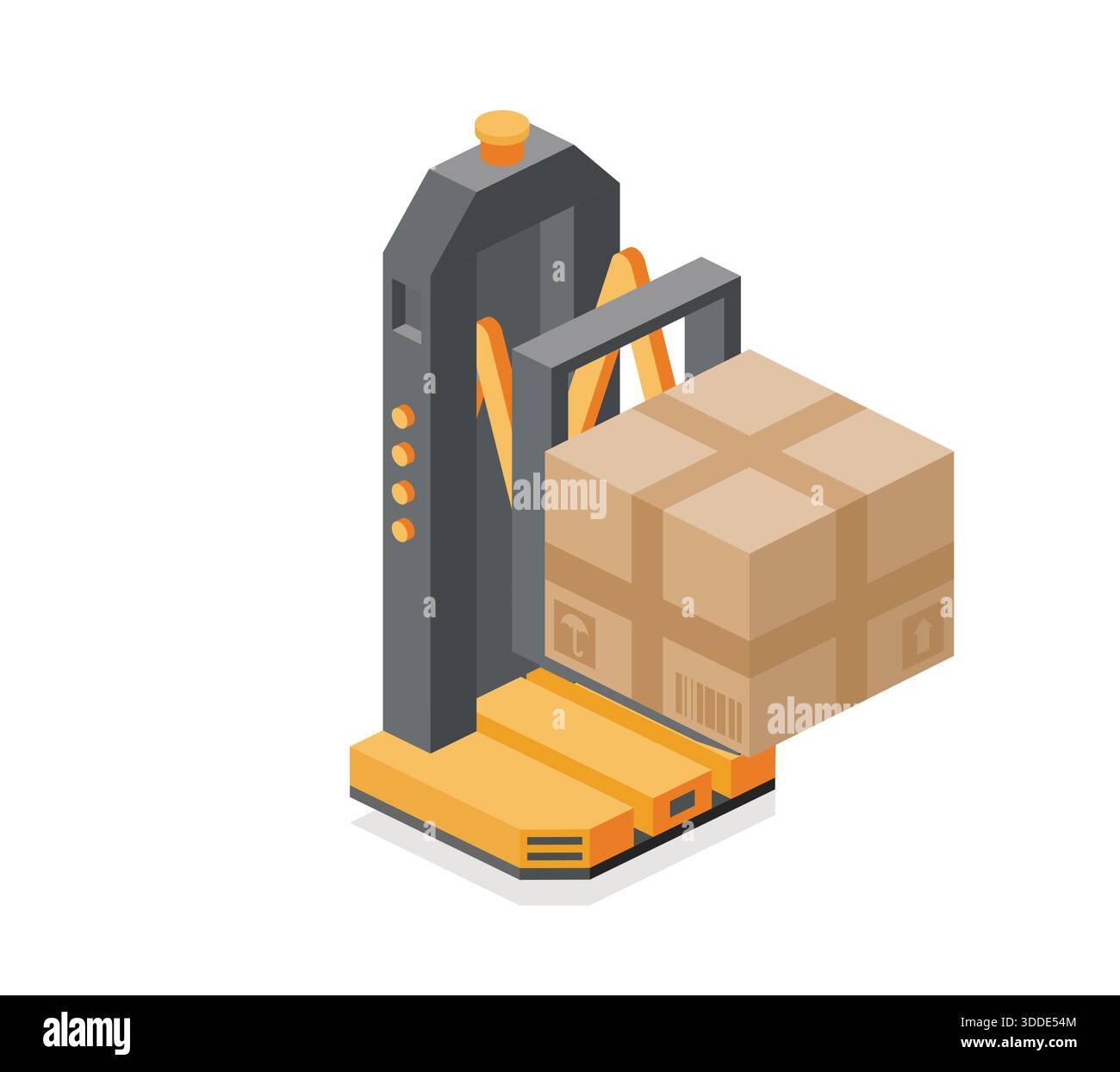 Boite en carton de levage de chariot élévateur à fourche autonome isométrique. Logistique d'entrepôt automatisée et concept industriel intelligent. Illustration vectorielle. Illustration de Vecteur