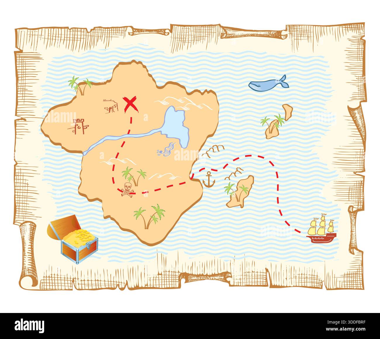 Vieux parchemin avec trésor de carte pirate et illustration vectorielle poignard avec carte pirate sur texture de bois Illustration de Vecteur