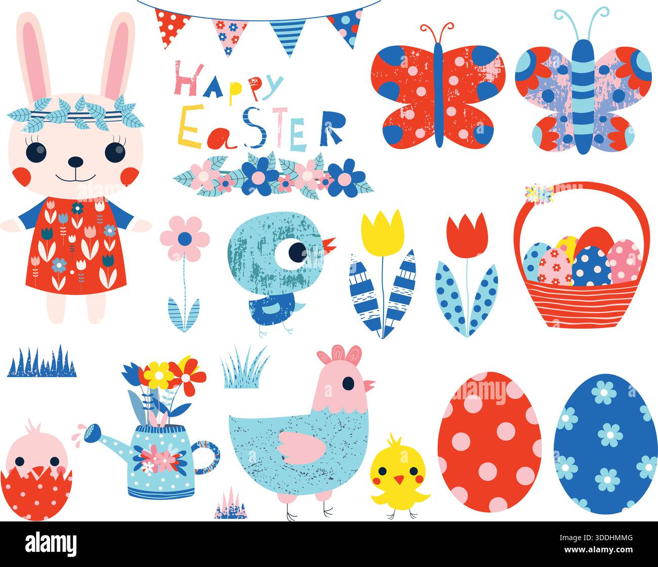 Collection vectorielle de Pâques avec lapin rose mignon, poussins et poule et œufs colorés pour invitations et design graphique Illustration de Vecteur