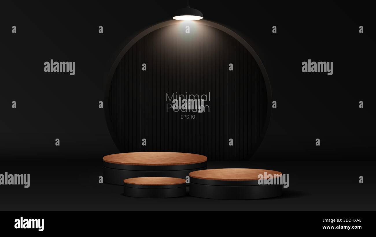 Minima podium étapes et plate-forme de vitrine de produit avec couvertures en bois et doré en forme ronde et carrée. Scènes de podium en bois et plat de vitrine de produit Illustration de Vecteur