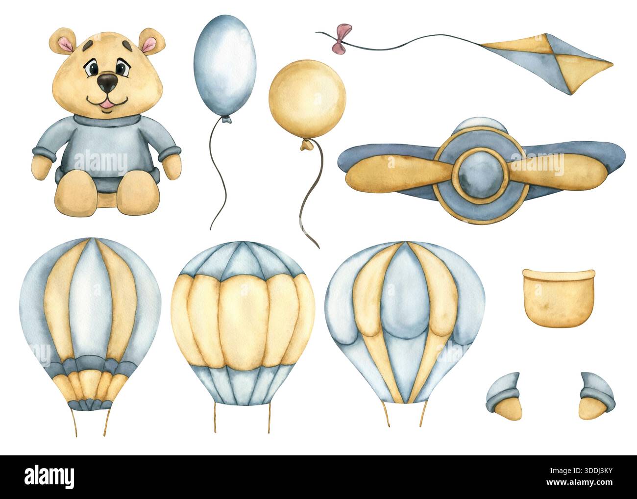 Ensemble aquarelle de jouets mignons pour enfants. Illustration aquarelle d'un ballon à air chaud, avion jouet, ours en peluche et ballons dans les couleurs bleu et beige. Agrafe Banque D'Images