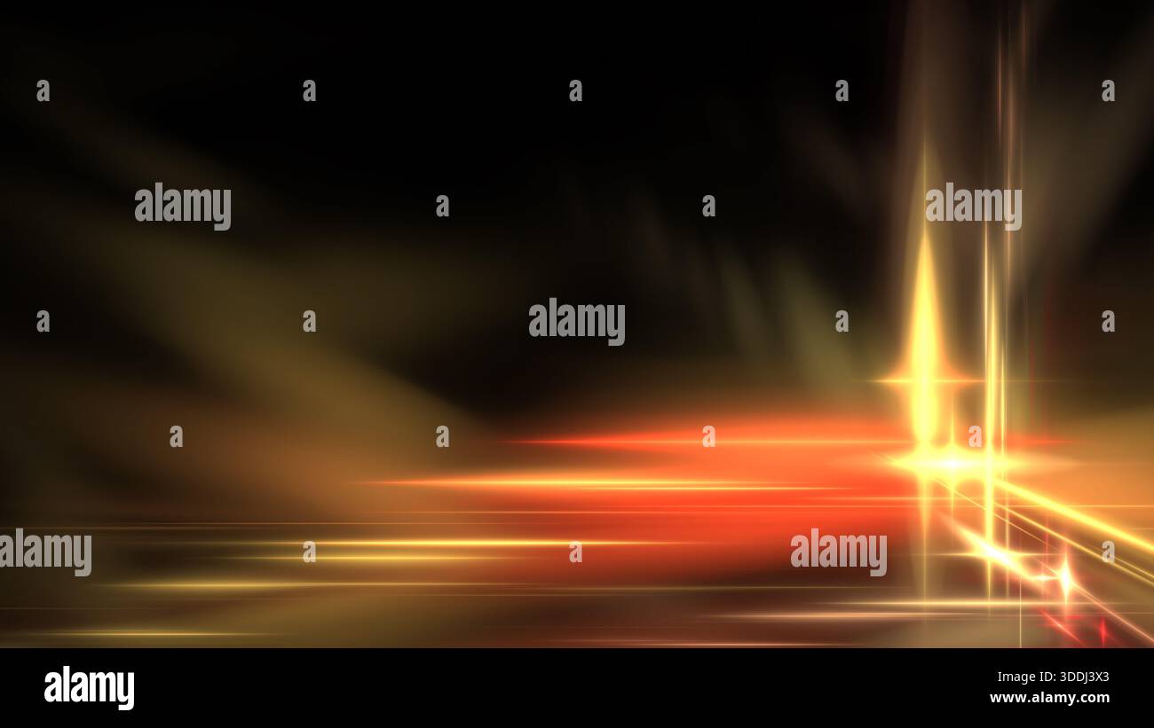 La lumière se déplace rapidement à travers l'espace sombre, créant des lignes et des motifs lumineux. la scène présente des nuances de jaune, rouge et orange mélangées dans un affichage fluide de Banque D'Images