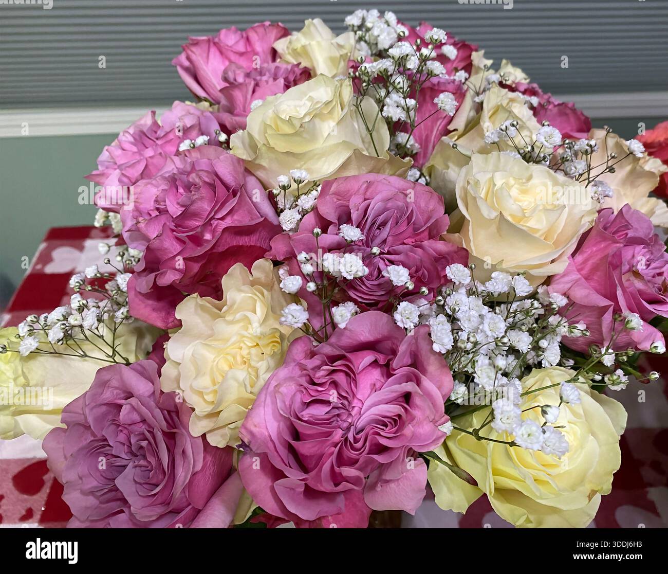Gros plan d'un bouquet floral avec des roses à longue tige roses et crème mélangées avec le souffle de bébé le jour de la Saint-Valentin Banque D'Images
