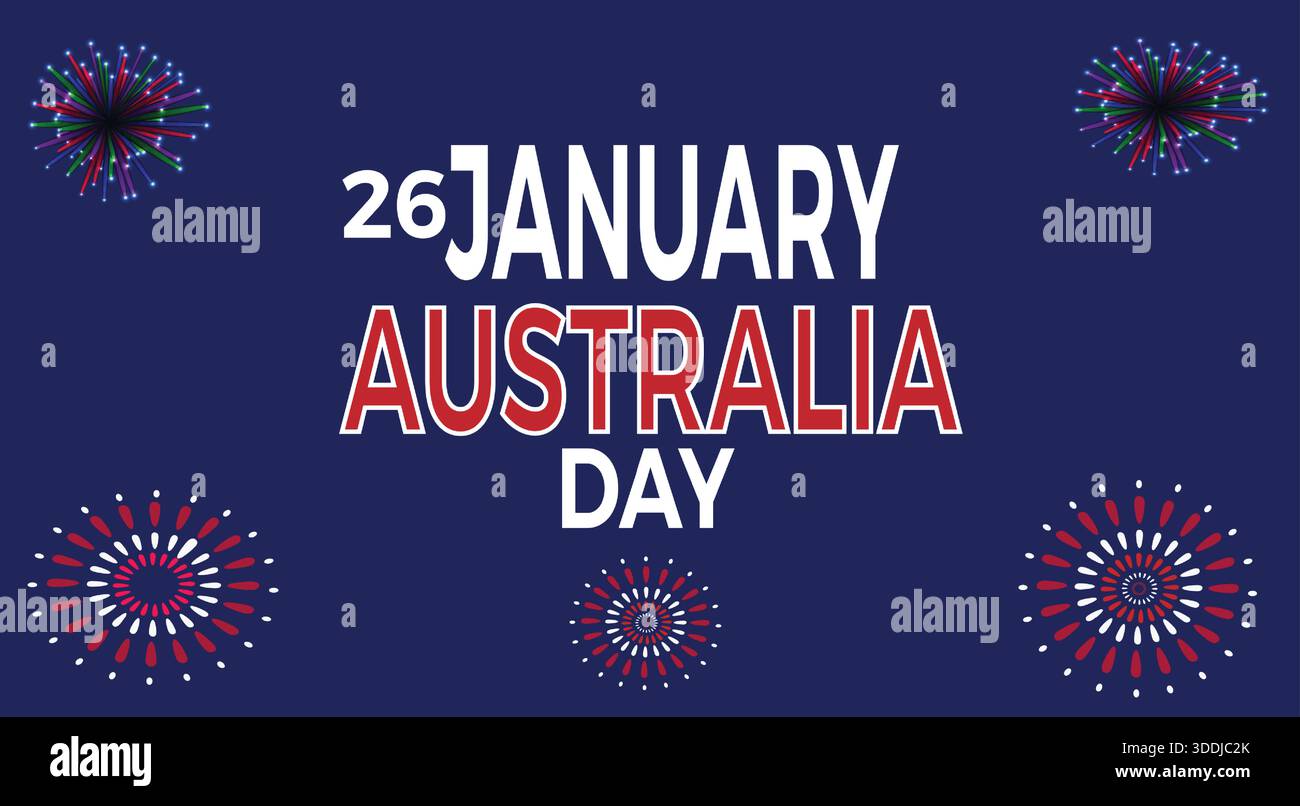Motif vibrant célébrant l'Australia Day avec feux d'artifice festifs et texte commémoratif audacieux sur fond bleu foncé Illustration de Vecteur