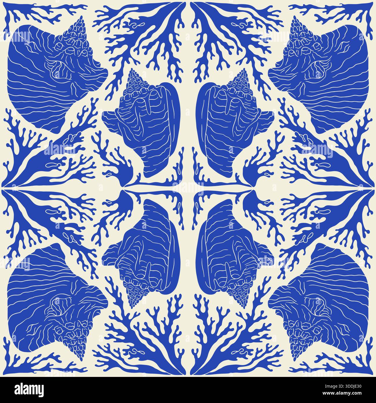 Coquille de conque damassée bleue et beige et coraux motif sans couture côtier Illustration de Vecteur