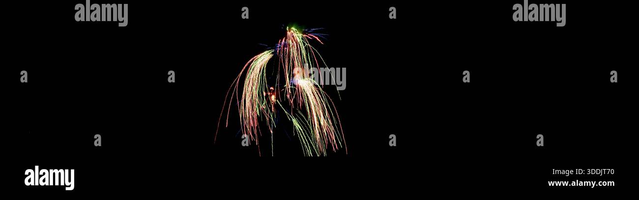 Feux d'artifice dorés éclatent, feux d'artifice spectaculaires avec affichage floral brillant Banque D'Images