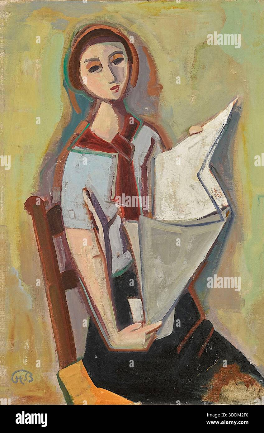 Karl Hofer - jeune femme lisant un journal - 1953 - Karl Hofer était une figure notable qui a contribué à l'expressionnisme allemand et était un opposant vocal au fascisme, ayant été qualifié d'artiste « dégénéré » par les nazis. Son style est généralement figuratif et contemplatif. Banque D'Images