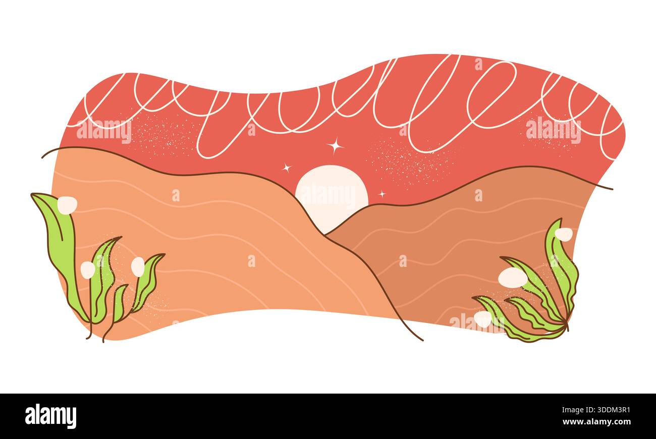 Illustration de paysage de désert minimaliste dessinée à la main avec le soleil au milieu des dunes de sable Illustration de Vecteur