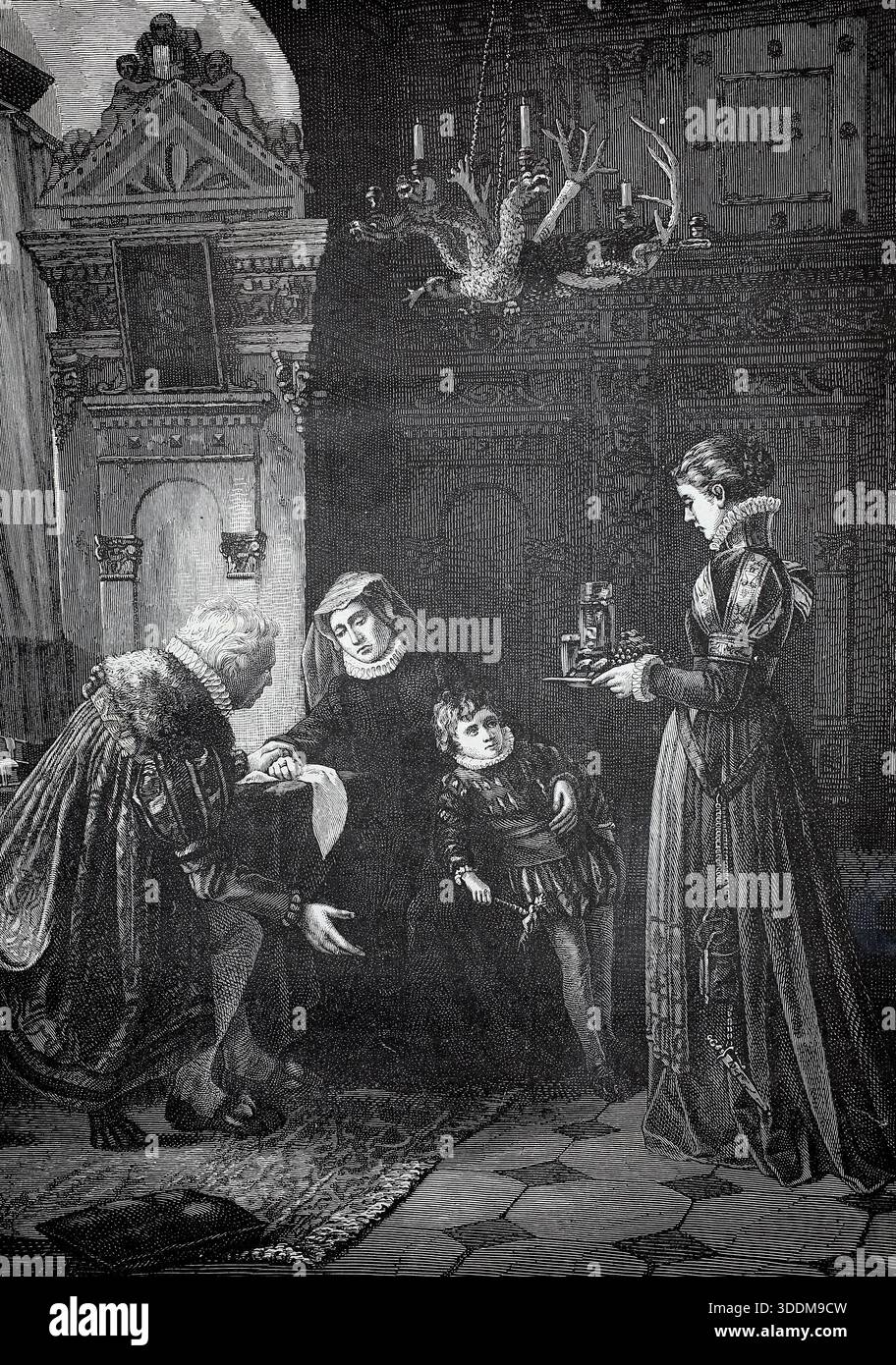 Visite de condoléances : un homme distingué rend visite à une veuve en deuil, une autre femme lui sert un verre. Reproduction historique, authentique, restaurée numériquement d'un original du XIXe siècle ; date exacte de la représentation inconnue. Banque D'Images