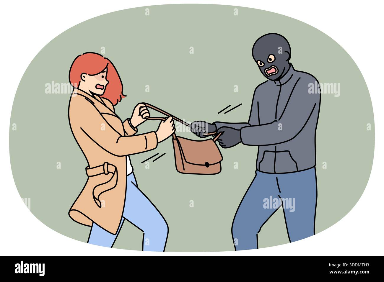 Le voleur masqué prend le sac d'une femme effrayée qui crie à l'aide de la police et ne veut pas abandonner ses effets personnels à un criminel. Le voleur vole un sac à main, voulant le portefeuille de la victime et le téléphone. Illustration de Vecteur