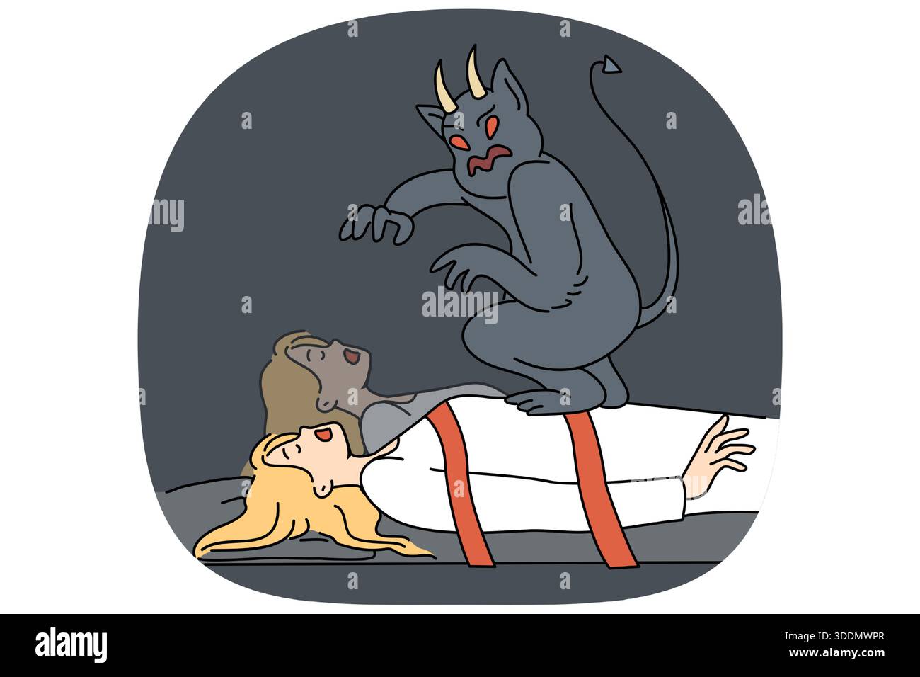 Monstre maléfique vole l'âme de la femme endormie, liée qui a besoin de protection contre le diable de conte de fées. Cauchemar de fille voyant l'attaque par le diable corné essayant de prendre possession de l'âme de sa propre victime Illustration de Vecteur