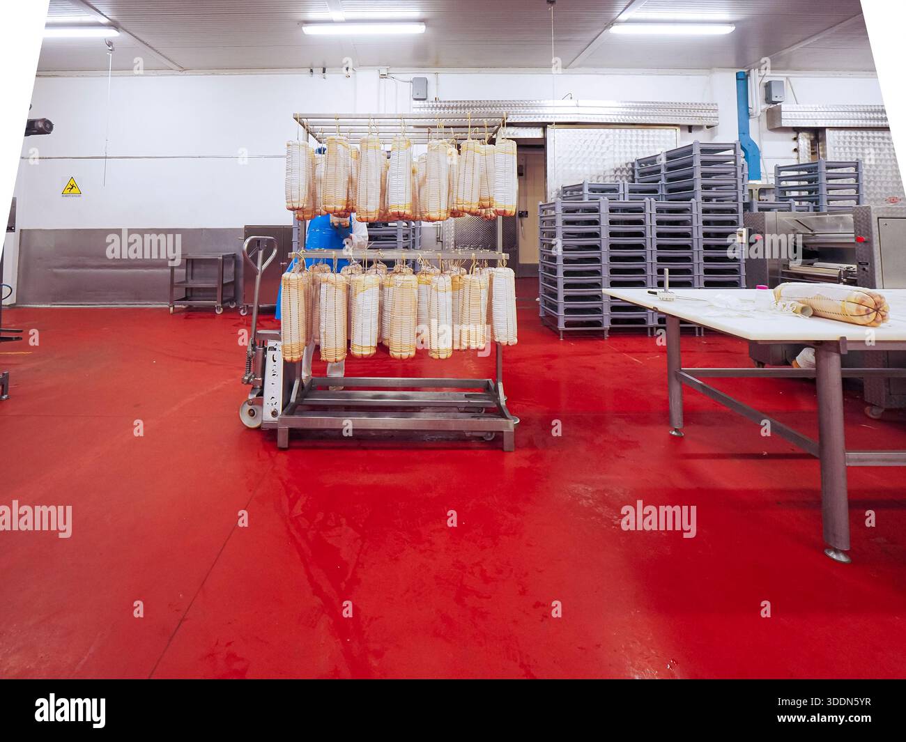Employé travaillant dans une installation industrielle moderne de transformation de la viande, manipulant des saucisses fraîchement produites sur des étagères, mettant l'accent sur la production alimentaire, l'hygiène, un Banque D'Images