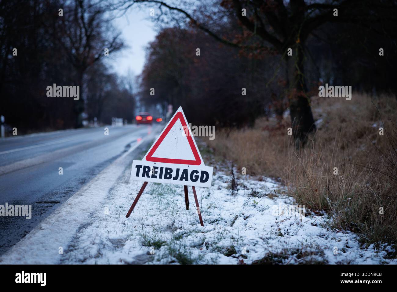 Panneau d’avertissement indiquant « Treibjagd » (chasse entraînée) placé le long d’une route rurale dans des conditions hivernales. Le panneau d'avertissement triangulaire est allumé Banque D'Images
