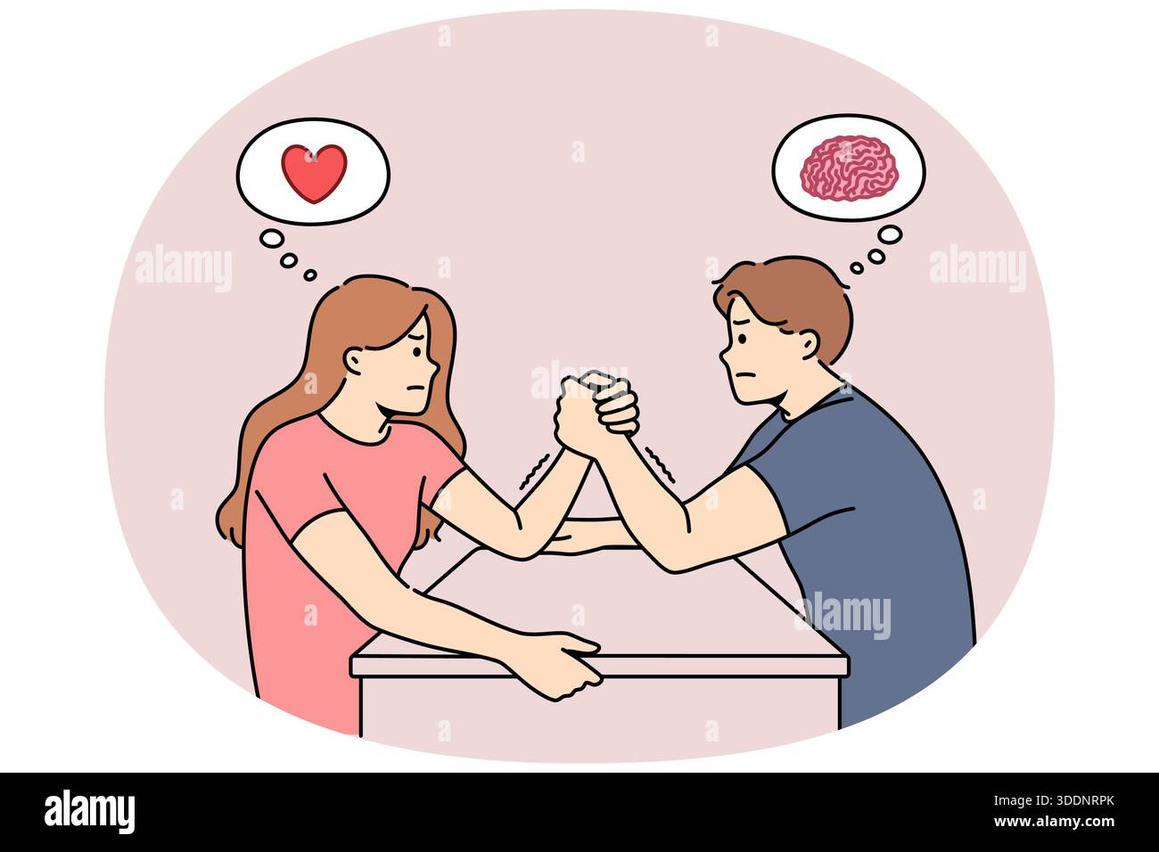 Conflit de genre entre l'homme et la femme engagés dans la lutte au bras, et la pensée avec le cœur ou le cerveau. Différence les manières rationnelles et émotionnelles de penser provoquent des conflits de genre au couple Illustration de Vecteur