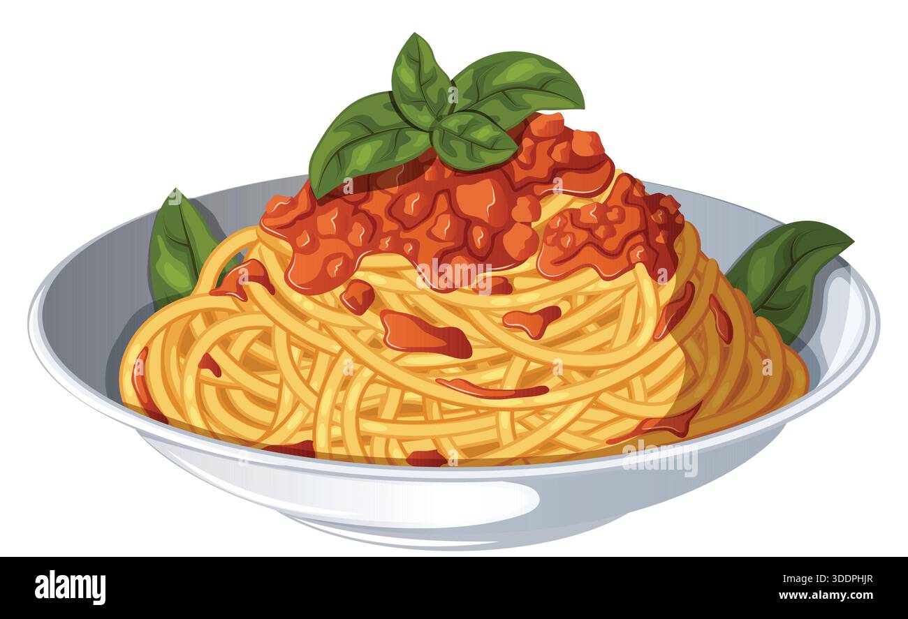 Assiette isolée de Spaghetti al Pomodoro italiens avec sauce tomate et basilic frais – illustration classique de la cuisine de pâtes Illustration de Vecteur