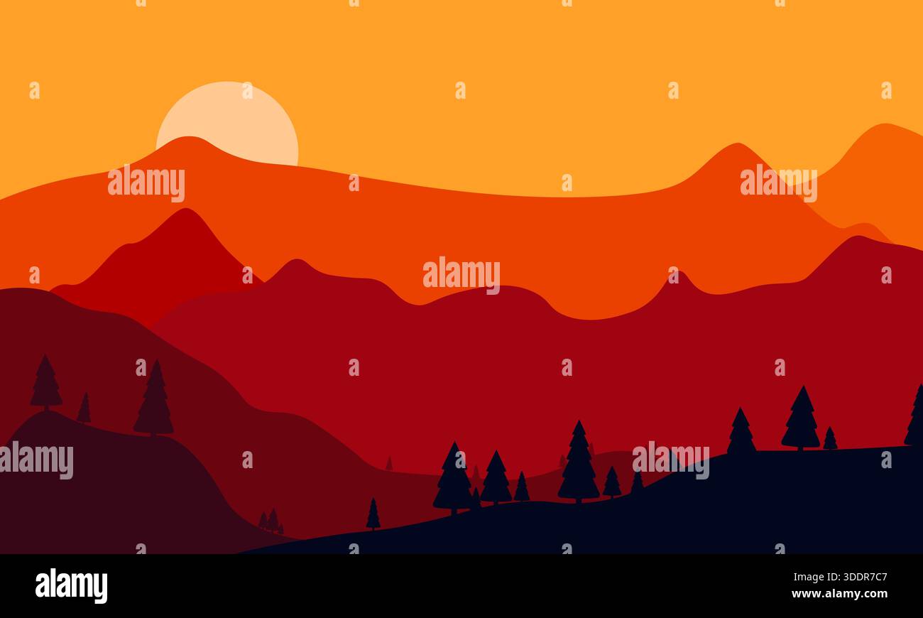 Paysage de montagne au coucher du soleil avec forêt de pins Illustration de Vecteur