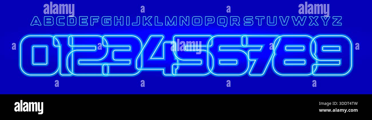 Bleu néon numéro logo typographie police de conception vectorielle, signes lumineux d'anniversaire abstrait, 0,1,2,3,4,5,6,7,8,9 Icon Set Outline Line Alphabet linéaire Illustration de Vecteur