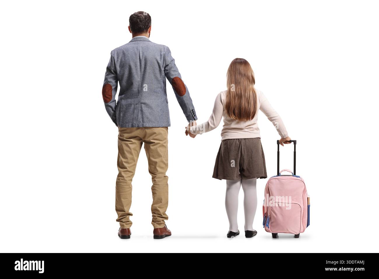 Vue arrière d'un père et d'une fille tenant les mains isolées sur fond blanc Banque D'Images